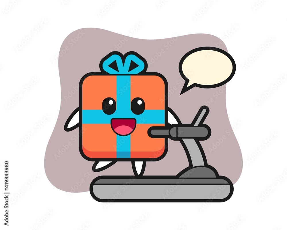 Gift box cartoon character walking on the treadmill