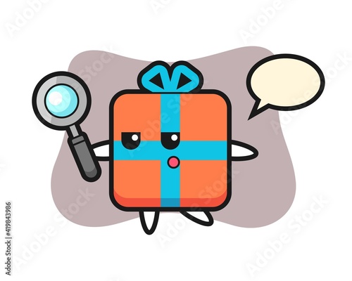 Gift box cartoon character searching with a magnifying glass