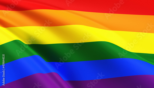 Rainbow flag blowing in the wind. LGBT flag 3D illustration.