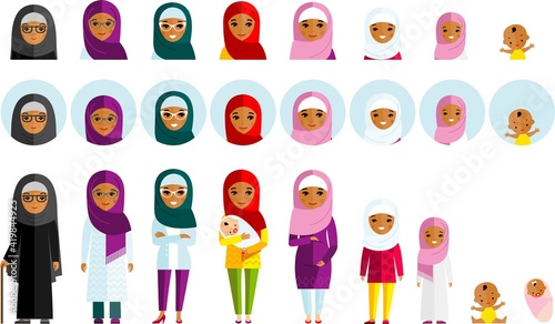All age group of female arab family. Generations muslim woman.