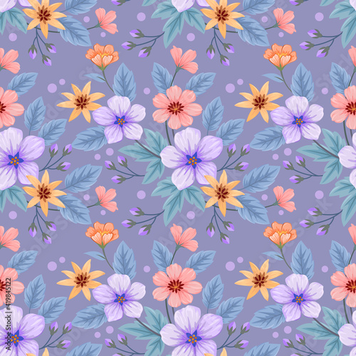 Cute hand drawn flower seamless pattern for fabric textile wallpaper. Pink flowers, and leaves on a purple background.