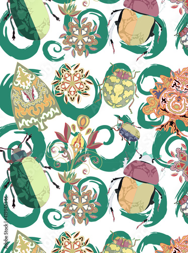 Seamless patterns with insects, flowers and trees