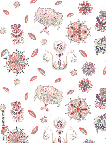 Seamless pattterns with ethnic ornament trees and flowers