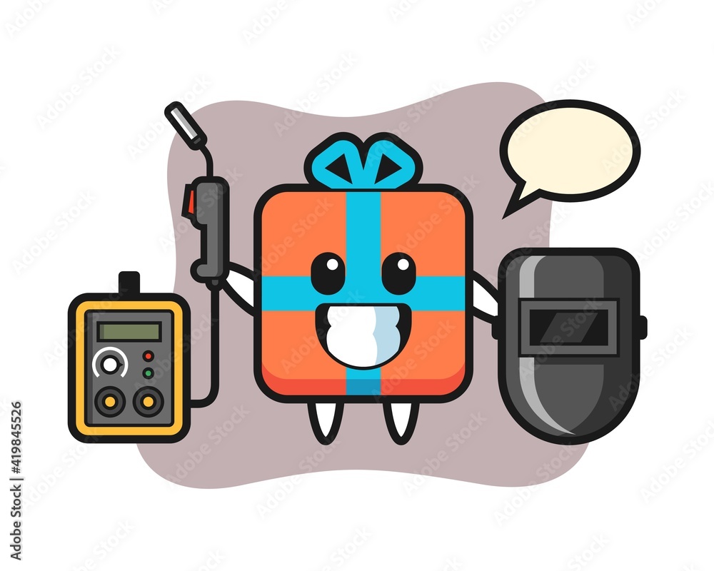 Character mascot of gift box as a welder