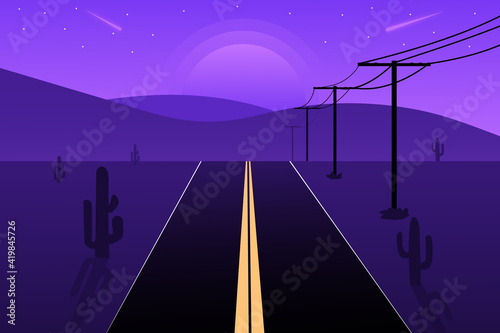 flat landscape roads and mountains at night