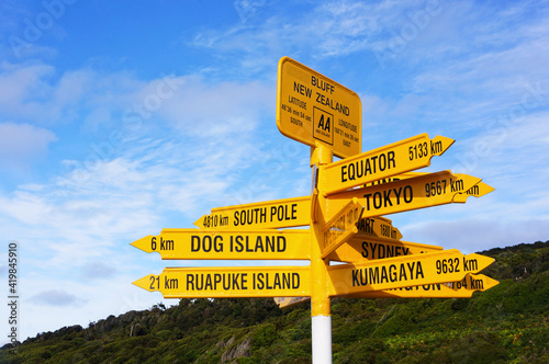 Global Signpost in Stirling Point showing direction and distance to cities around the World, Bluff, New Zealand © Iva