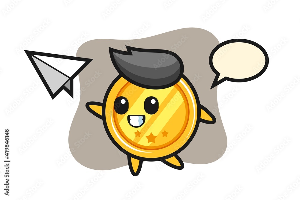 Medal cartoon character throwing paper airplane