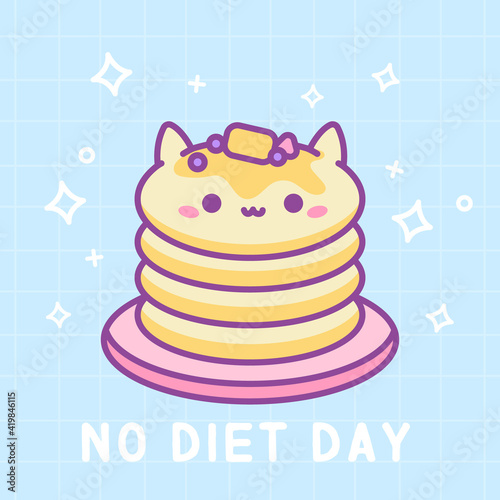 Cute cat Pancake Stack on plat. Kawaii Food for breakfast. Kitty Pancakes with maple syrup, piece of butter and berries. Vector concept illustration in cartoon line art style with text No Diet day