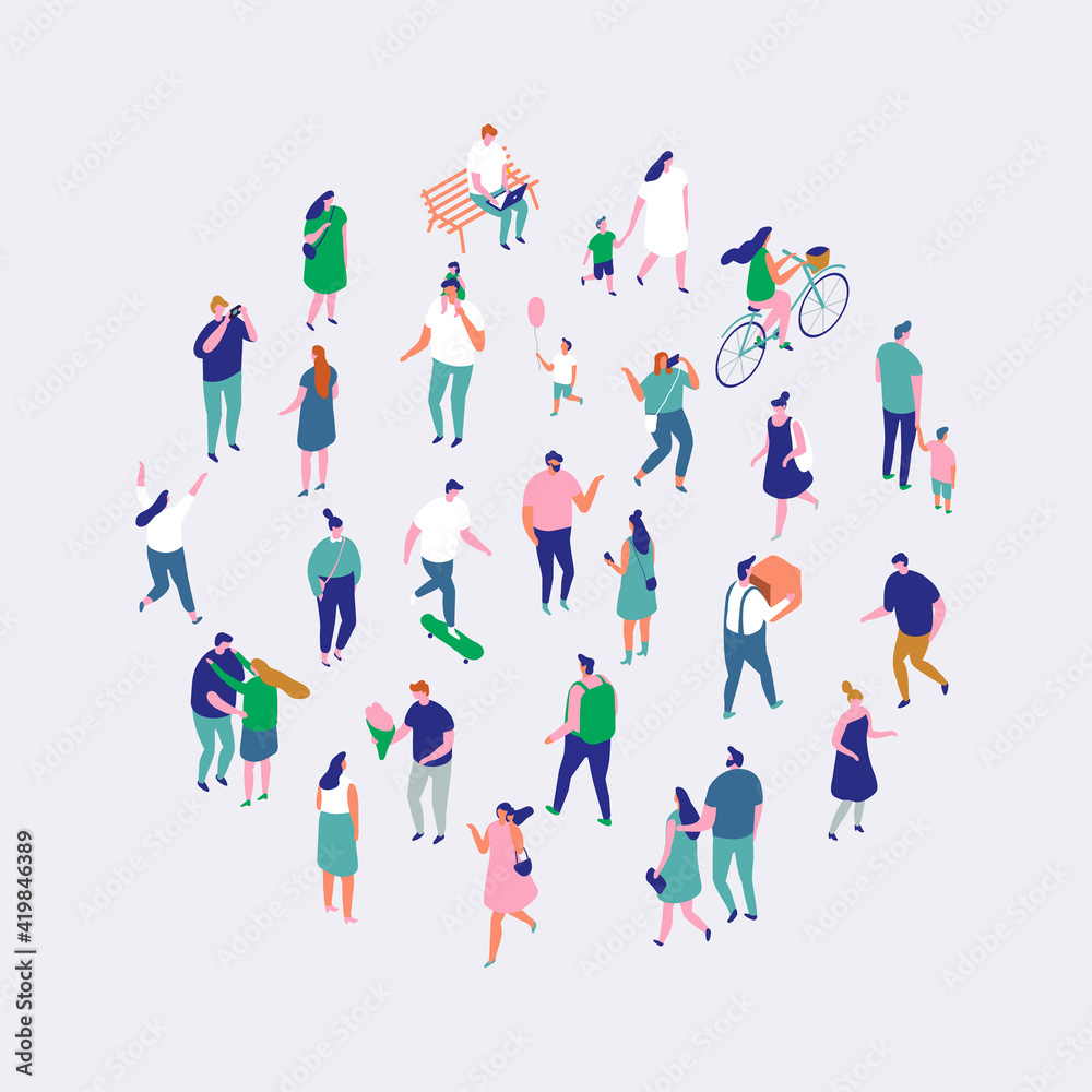 Different isometric cartoon people isolated on white. Men and women outdoor activity vector set. No face simple design Different isometric cartoon people isolated on white. Men and women outdoor activity vector set. No face simple design