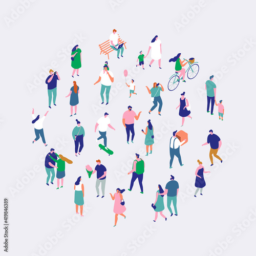 Different isometric cartoon people isolated on white. Men and women outdoor activity vector set. No face simple design