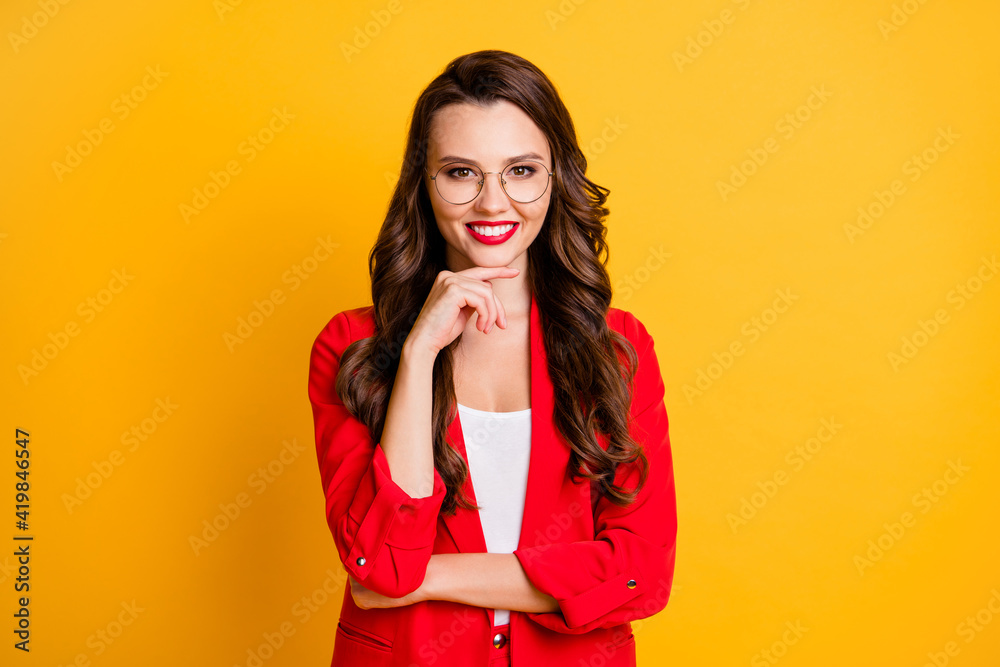 Portrait of her she nice-looking attractive pretty cheerful cheery wavy-haired lady hr recruiter realtor career growth development isolated over bright vivid shine vibrant yellow color background Portrait of her she nice-looking attractive pretty cheerful cheery wavy-haired lady hr recruiter realtor career growth development isolated over bright vivid shine vibrant yellow color background