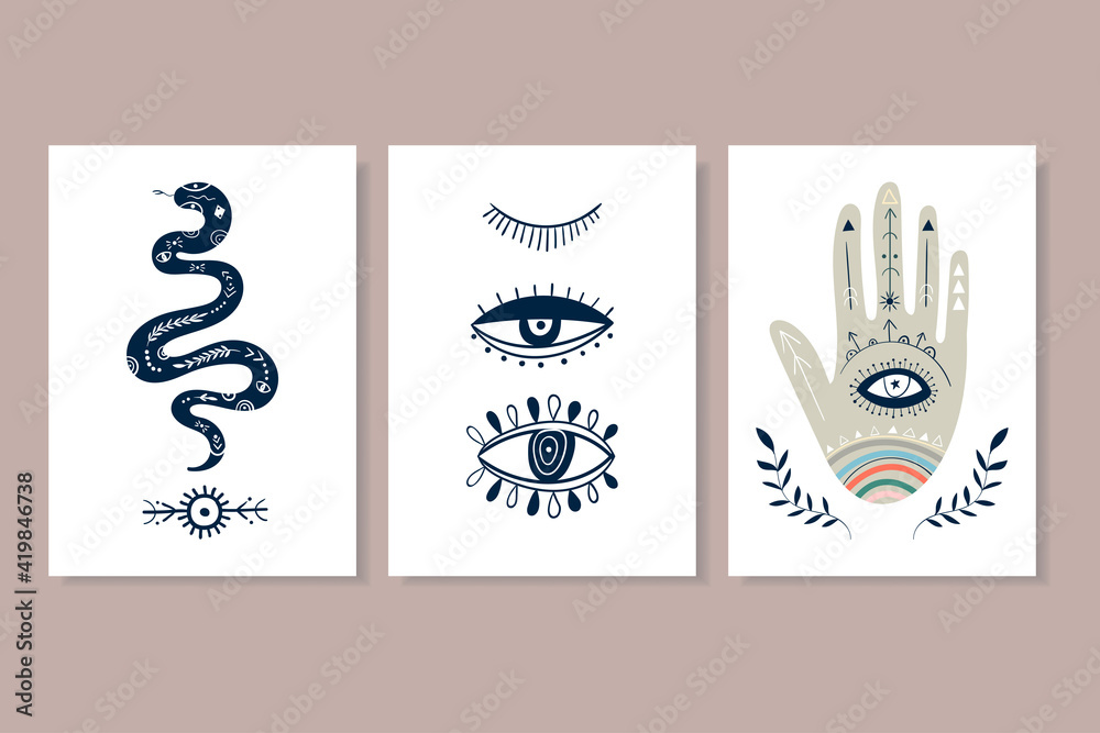 Fototapeta premium Abstract minimalist backgrounds, posters wall art set with different mystical elements. Contemporary modern design, doodle shapes