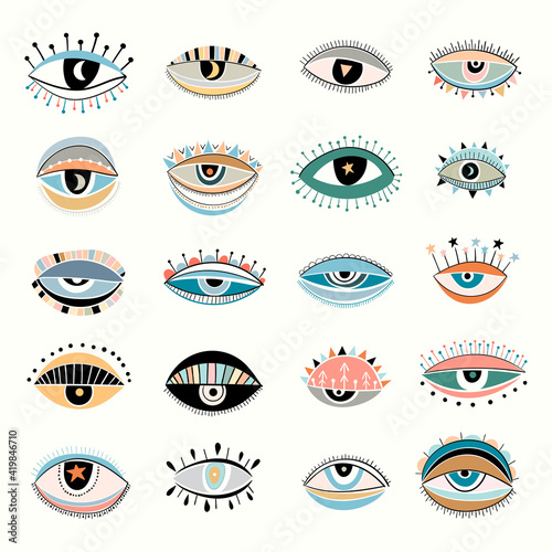 Colorful boho eyes collection isolated on white, modern design
