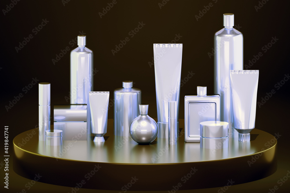 3D rendering realistic mockups bundle of bottles for various cosmetics packaging. Cream, lotion, shampoo, gel, powder, balsam package set silver 3D rendering realistic mockups bundle of bottles for various cosmetics packaging. Cream, lotion, shampoo, gel, powder, balsam package set silver