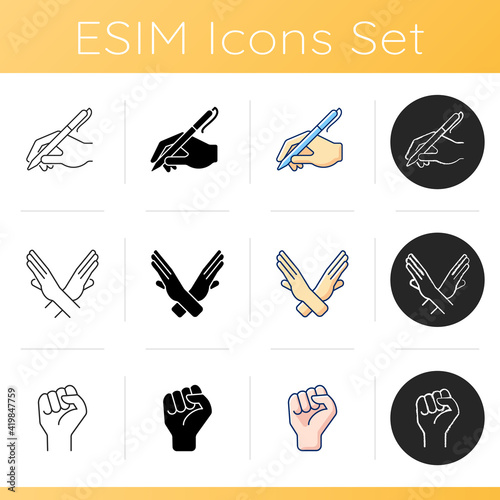 Hand gestures icons set. One finger - Pointing. Counting on fingers. Handshake. Crossed arms. Okay gesture. Rhetorical devices. Linear, black and RGB color styles. Isolated vector illustrations
