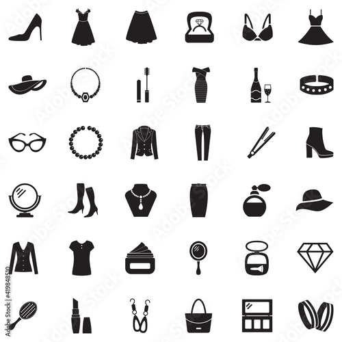 Woman Accessories Icons. Black Flat Design. Vector Illustration.