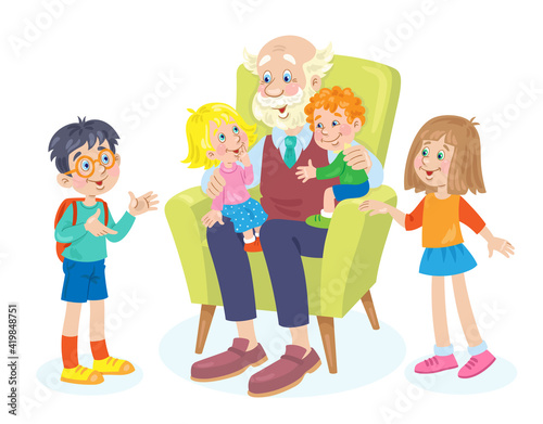 Happy family. Cute grandfather sits in a chair surrounded by grandchildren.  In  cartoon style. Isolated on white background. Vector flat illustration.
