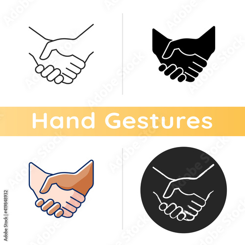 Handshake icon. Successful business deal. Partnerships. Mutually beneficial deal. Reaching agreement. Gesture of courtesy. Linear black and RGB color styles. Isolated vector illustrations