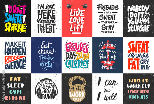 Set of 15 motivational and inspirational lettering posters, decoration, prints, t-shirt design for sport, gym or fitness.