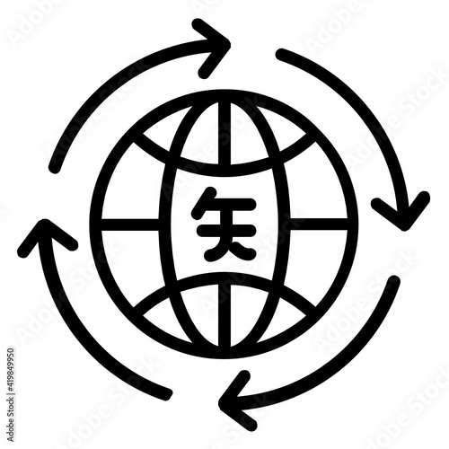 Global Dubbing Service Concept, Globe with Arrows and Chinese Text Vector line Icon Design, Language Translation symbol on white background, Dub localization stock illustration