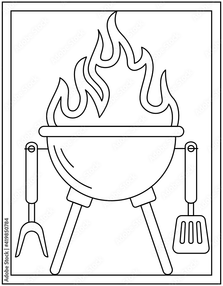 Bbq grill coloring page designed in hand drawn Stock-vektor | Adobe Stock