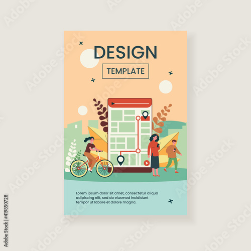 People using mobile app with city map for tracking. Men and women commuting with bike and phones. Vector illustration for city map, sport application, delivery service concept