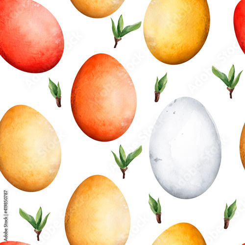 Easter eggs red, yellow and white watercolor seamless pattern. Template for decorating designs and illustrations.