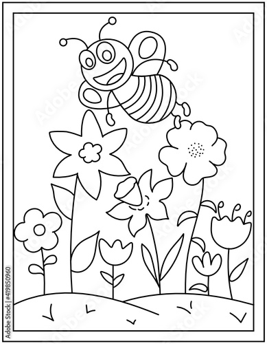 
Bee flowers coloring page design with hand drawn vector 

