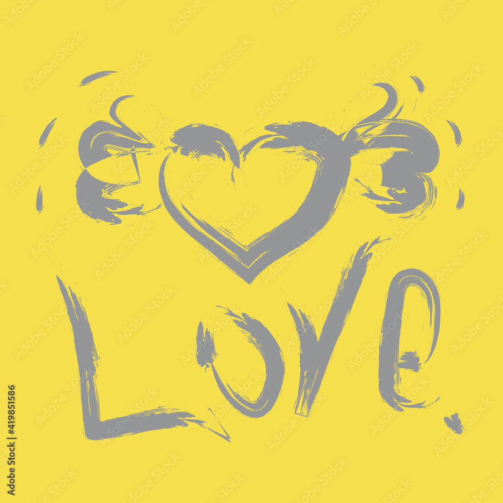 Valentine's Day greeting card with heart and word Love in trending colors 2021 yellow and gray. Valentine's Day greeting card with heart and word Love in trending colors 2021 yellow and gray.