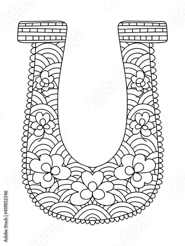 Horseshoe coloring page for adults stock vector illustration. Symmetrical good luck symbol with shamrocks and details. Happy Patrick Day vertical printable worksheet. Traditional irish lucky charm