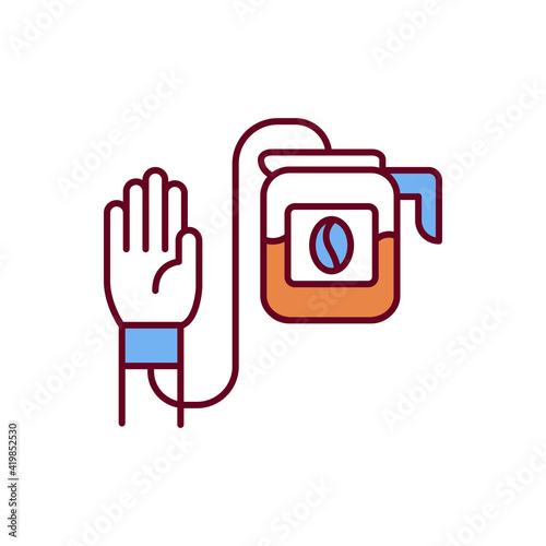 Coffee addiction RGB color icon. Excessive caffeine consumption. Harmful use. Psycho-stimulant. Caffeinated beverages. Emotional weariness and exhaustion. Coffee abuse. Isolated vector illustration