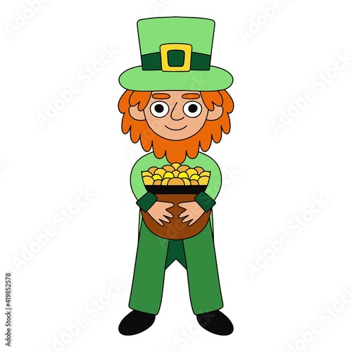 Happy Patrick Day leprechaun with pot of gold stock vector illustration. Funny colorful irish folklore character in coat and hat with gold white isolated. Friendly smiling cartoon leprechaun clipart