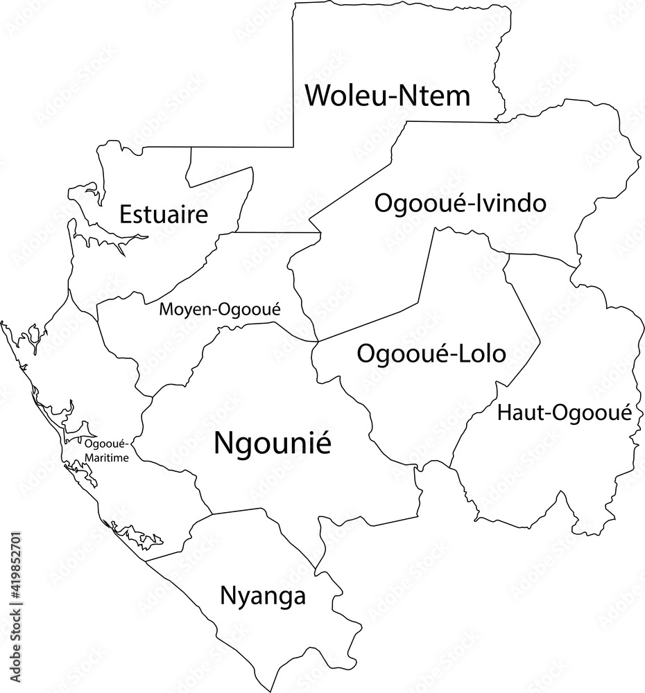 White vector map of the Gabonese Republic with black borders and names of its provinces
