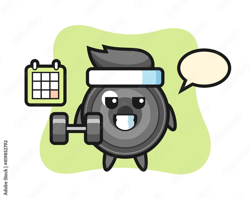 Camera lens mascot cartoon doing fitness with dumbbell
