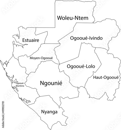 White vector map of the Gabonese Republic with black borders and names of its provinces
