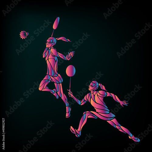 Womens doubles badminton players vector. Neon Glow Color vector illustration on black background
