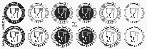 Set of stamps. Labeling - food grade or food safe material. Glass and fork flat icon stamp set. Vector grouped elements.