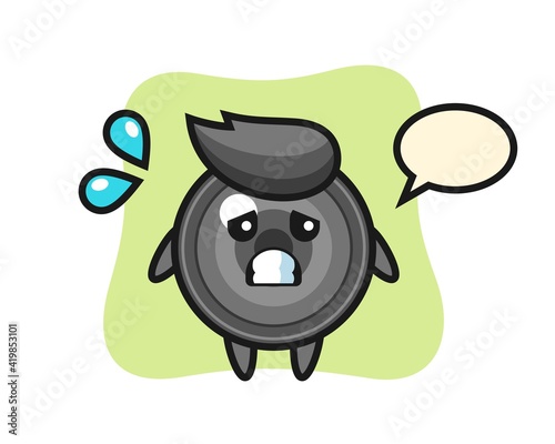 Camera lens mascot character with afraid gesture
