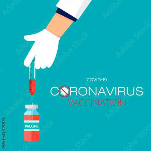 Doctor vaccinates a person. Doctor's hand holds a syringe with a needle containing the 2019-nCoV vaccine. New vaccine concept for coronavirus. Spread of the CoVID-19 outbreak. Flat vector illustration