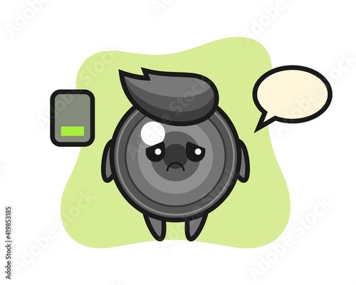 Camera lens mascot character doing a tired gesture