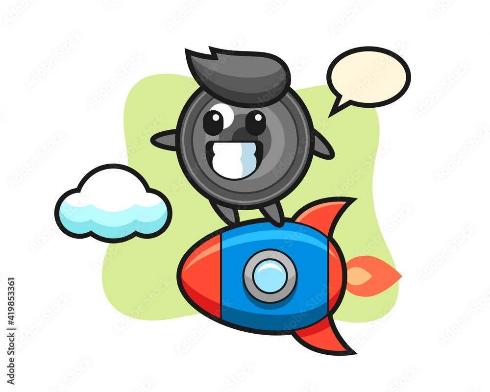 Camera lens mascot character riding a rocket