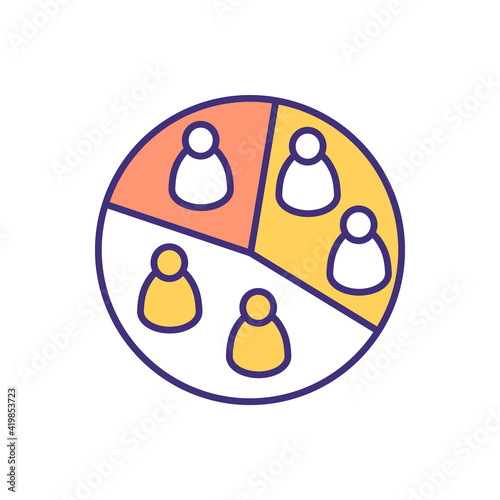 Audience segmentation RGB color icon. Dividing people into homogeneous subgroups. Audience analysis. Market segmentation. Based on behavior, product usage criteria. Isolated vector illustration