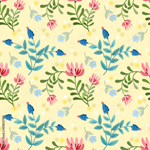 Abstract floral seamless pattern design for fabric textile wallpaper. Small flowers, and leaves on a yellow background.