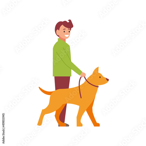 Professional dog walking. A man walks with a pet. Vector illustration isolated on white background
