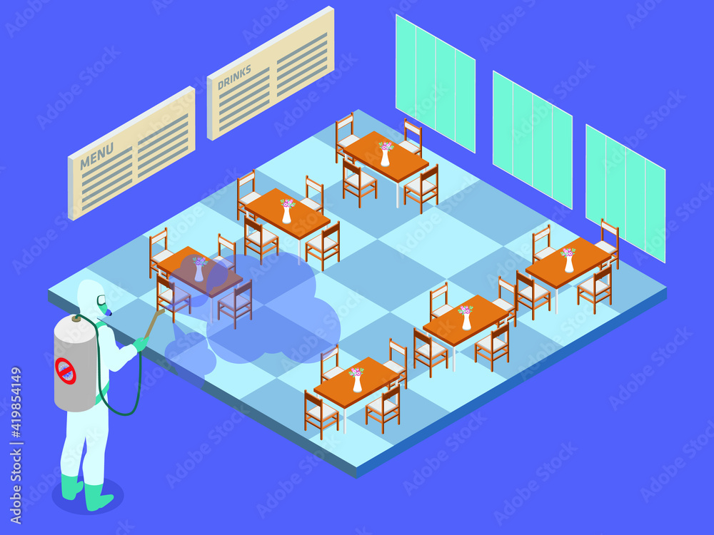 Cleaning and Disinfection in restaurant 3D isometric vector concept for banner, website, illustration, landing page, flyer, etc