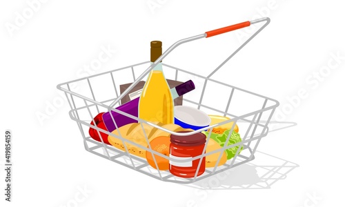 Shopping cart full of fresh products for cooking at home. Vector ingredients for dinner, food stock, vegetarianism, healthy living idea. Isolated on white background