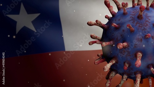 3D illustration Chilean flag waving with Coronavirus. Pandemic Covid 19 Chile