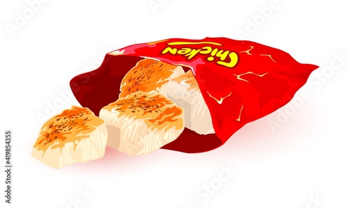 Chicken pieces in package with spices. Vector fast food for nosh, takeaway food idea. Tasty fried snack with sauce in bright product packaging isolated on white