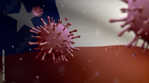 3D illustration Chilean flag waving with Coronavirus. Pandemic Covid 19 Chile