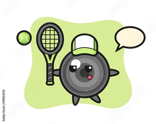 Cartoon character of camera lens as a tennis player